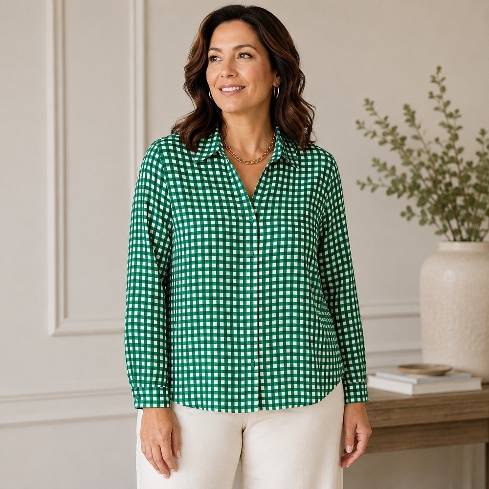 Ann Taylor Button Down Blouse Shirt XL Green Plaid Gingham Check Long Sleeve Top